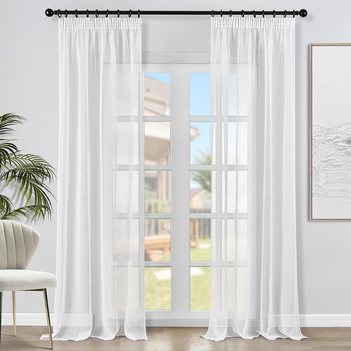 Voile Gordijnen Katoen Linnen met Plooiband Doorschijnend Effen Kleur Woonkamer Slaapkamer Modern en Elegant Gordijn set van 2 elk 245x140cm (HxB) Wit