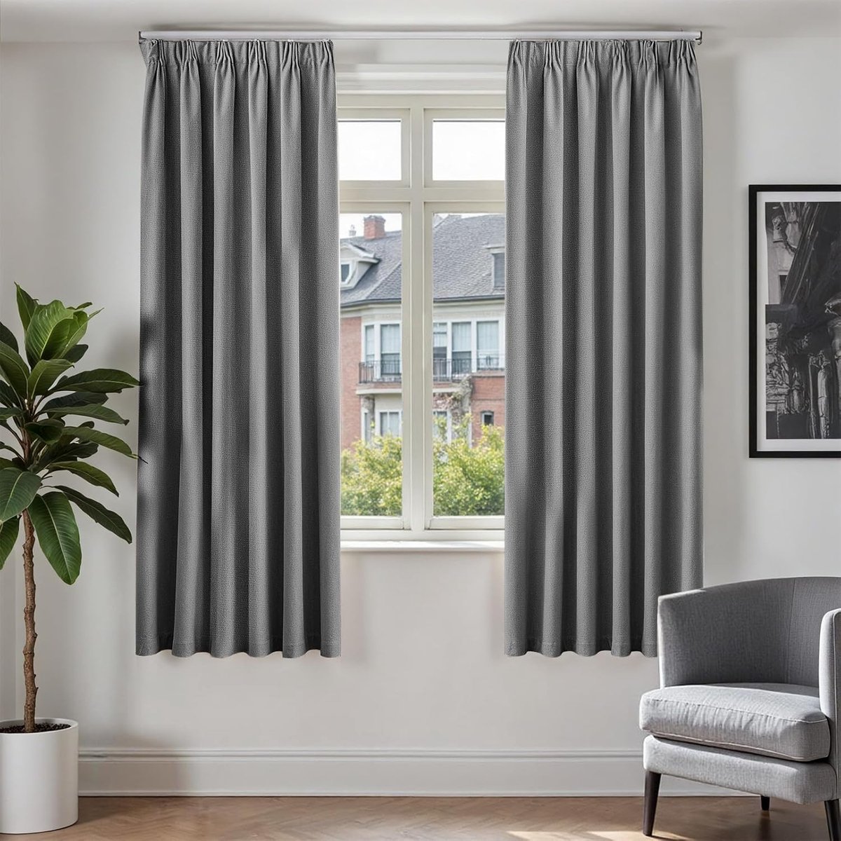 Gordijnen met plooiband, voor woonkamer, slaapkamer, grijs, 100% ondoorzichtig, verduisteringsgordijnen, thermogordijn, modern, verduisteringsgordijn, 175 x 140 cm (h x b), set van 2