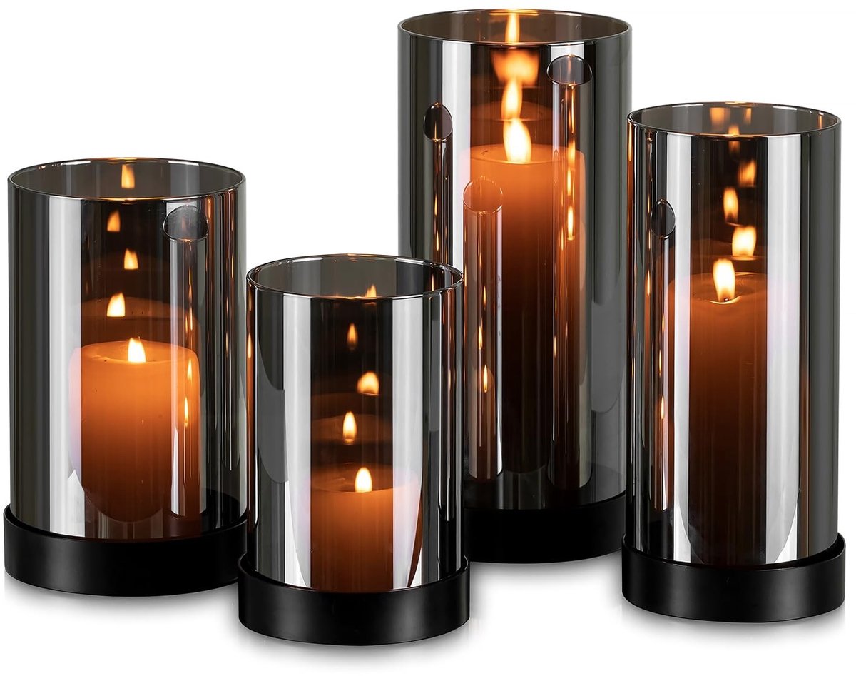 Dailygoods- Kaarsenhouder Set van 4 - Zwarte Kandelaar voor Pilaarkaarsen - Glazen Cilinder - Metalen Kaarsenplateau - Moderne Lantaarn voor Decoratie