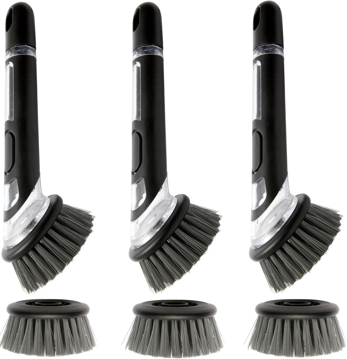 afwasborstel, 3 stuks afwasborstel met afwasmiddeldispenser, keukenborstel voor pot, pan, spoelreiniging, multifunctionele serviesborstel met 3 reserveborstelkoppen, afwasborstels met steel