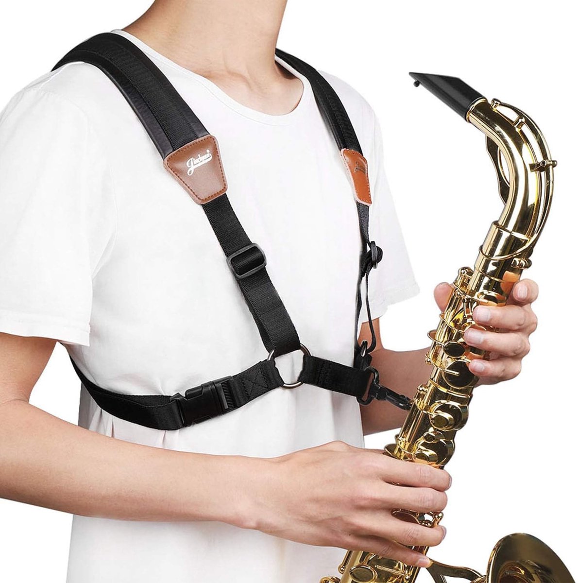 Dailygoods- Saxofoon Riem Premium - Verstelbare Gewatteerde Harnas Riem - Dubbele Schouder - Echt Rundleer - Metalen Haak - Ergonomisch Ontwerp - Saxofoonhalsband