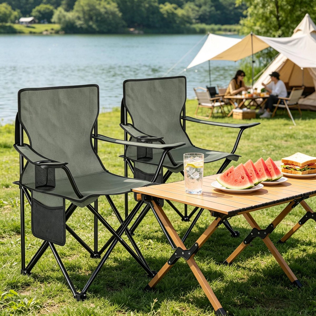 MIVRAY Strandstoel 47 x 76 x 80,5 cm - Inklapbaar Set van 2 met Bekerhouder en Zijvak - Voor Strand, Camping en Vissen - Metaal Donkergrijs