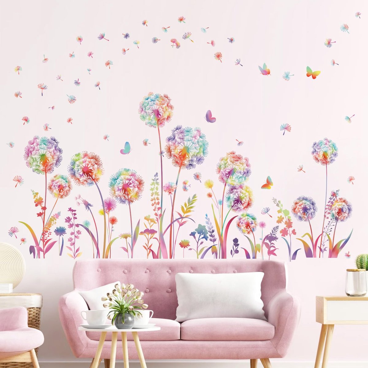 decalmile Muurtattoo Paardenbloem Bloemen Kleurrijke Wandsticker Paardenbloem Planten Bloemen Vlinder Wandsticker Woonkamer Babykamer Kinderkamer Wanddecoratie