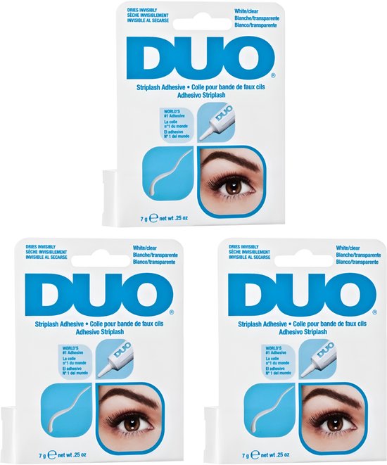 Drie verpakkingen met DUO wimperlijm, "white/clear" tekst.