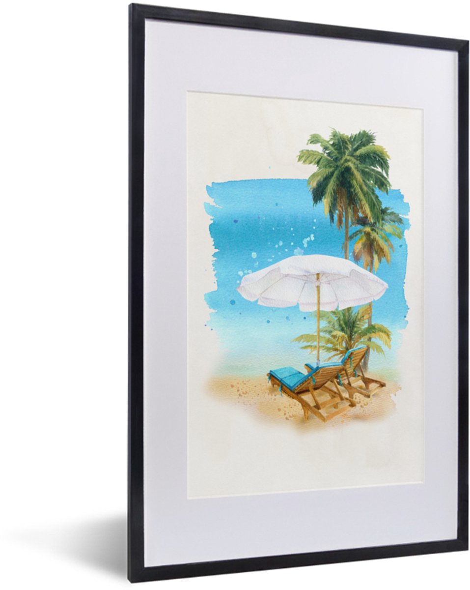 Poster in lijst - Fotolijst 40x60 cm - Posters - Strandstoel - Parasol - Palmboom- Zee - P