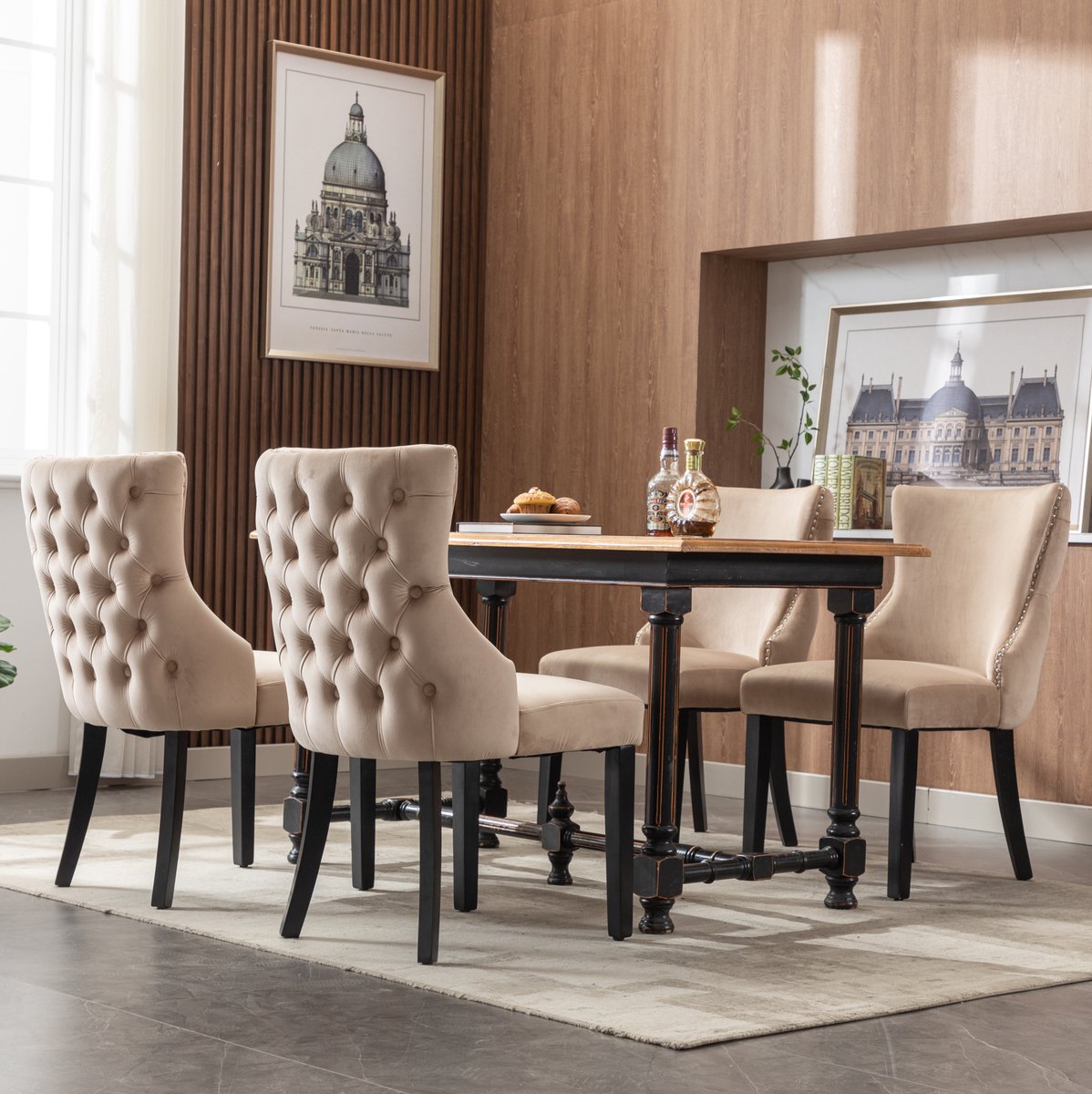 DESMIU Eetkamerstoel Set Van 4 - Velvet Met Knopen - Hoge Rugleuning En Stabiel Massief Houten Frame - Voor Eetkamer En Woonkamer - Beige