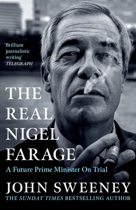 Boekcover: Nigel Farage rookt sigaar, met de tekst 'THE REAL NIGEL FARAGE'.