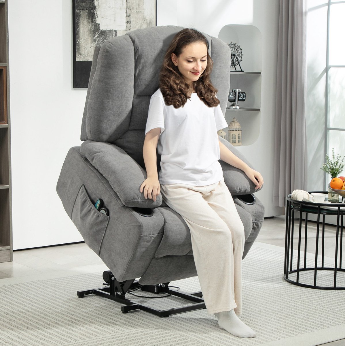 MIVRAY Relaxfauteuil 97 x 90 x 102 cm - Elektrische Sta-opfunctie Met Massage, Verwarming En Ligfunctie - Voor Woonkamer - Stof Donkergrijs