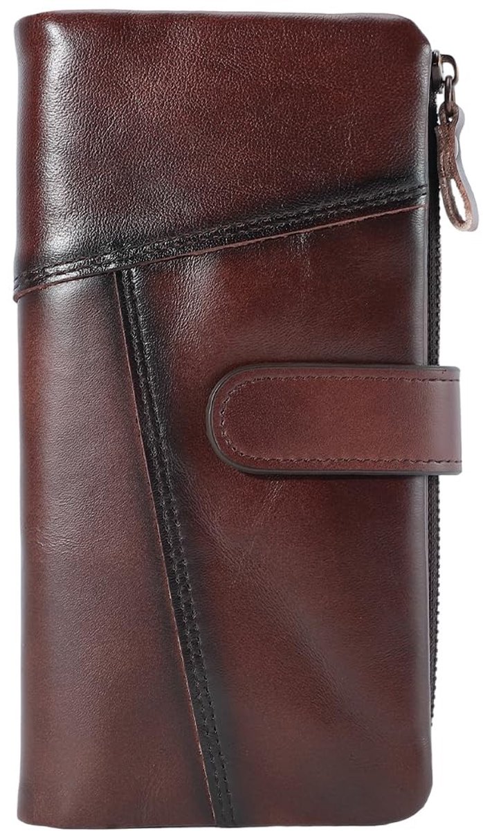 Dailygoods - Lange vintage portemonnee van echt leer voor heren met chequeboekje ritssluiting RFID-blokkering kaarthouder grote capaciteit tas van rundleer organizer voor dames handtas
