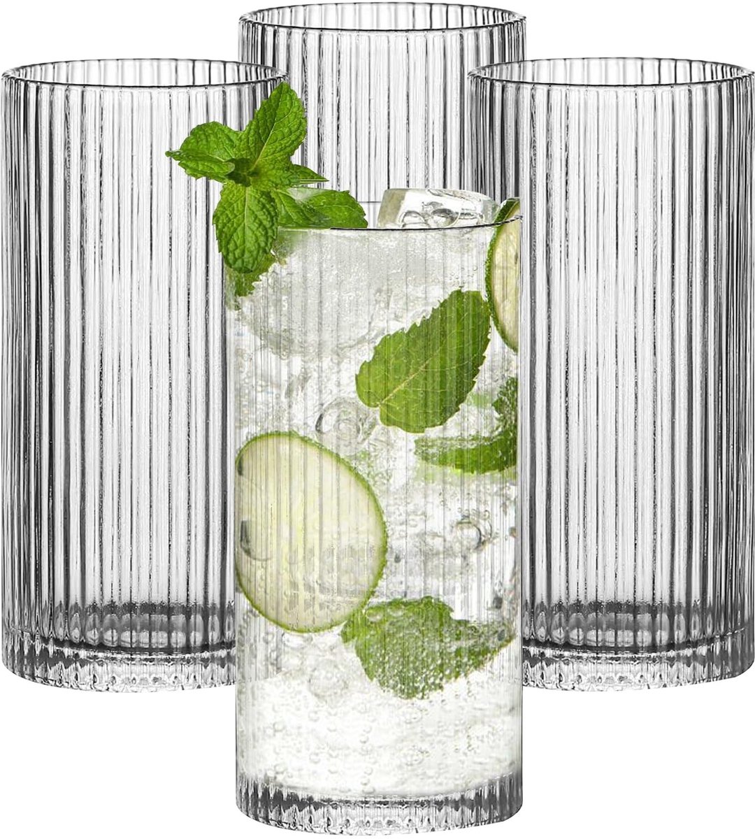 Dailygoods - Set van 4 gecanneleerde longdrinkglazen van 360 ml: koffiekopjes, transparante glazen glazen, premium glas, koffiekopjes voor thee, melk, whisky, sap, mojito