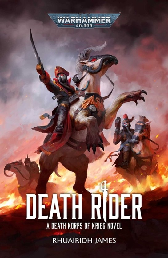 Couverture du livre Warhammer 40,000 : Death Rider. Un cavalier sur une monture avec cape et masque rouges, des soldats en arrière-plan.