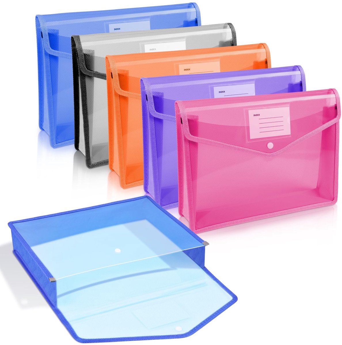 A4 plastic portefeuilles, 5 stuks plastic documentenmappen, doorschijnend, waterdicht, met kliksluiting en kaartsleuf (blauw, paars, wit, roze, oranje)