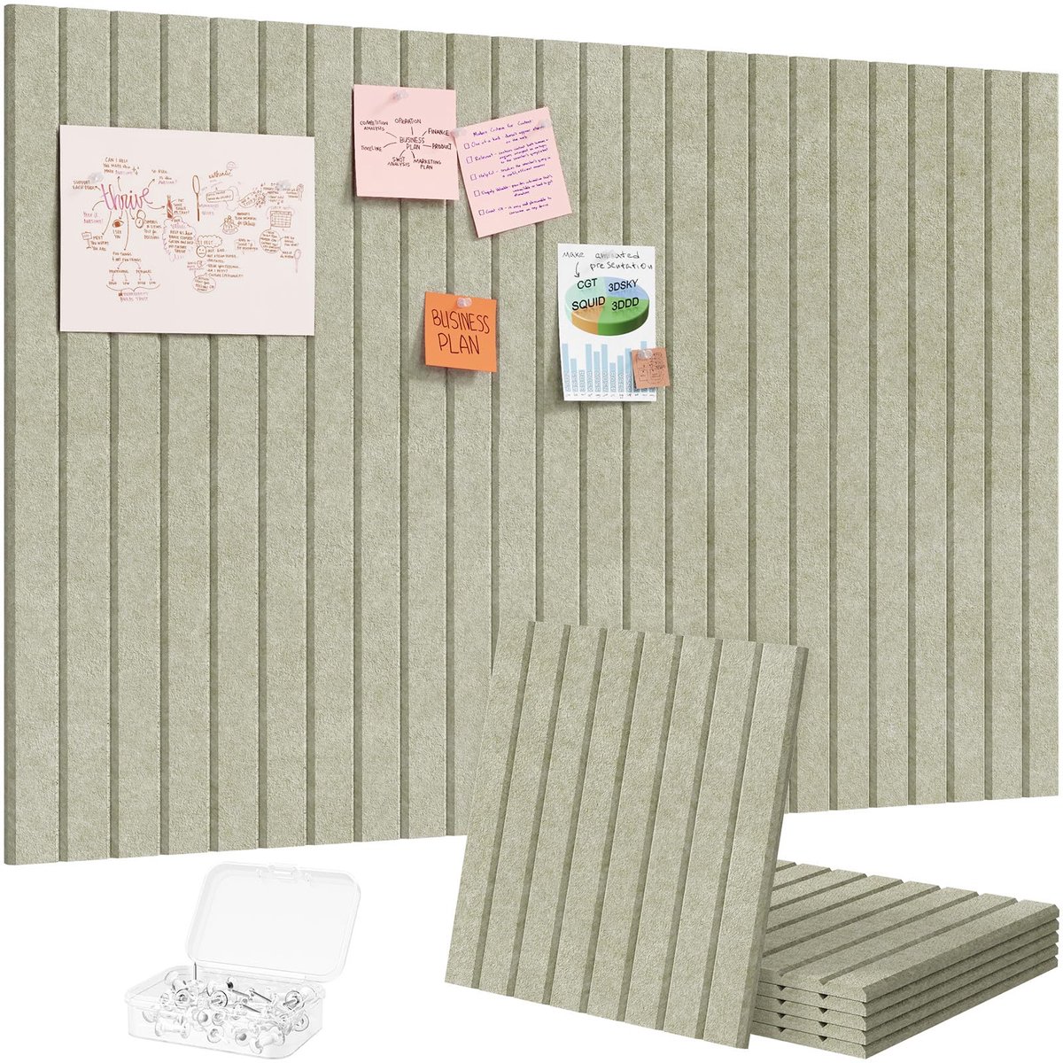 90 x 60 cm Vilt Prikbord Zelfklevend, 6 Stuks Prikbord Kurk Alternatief, Decoratief Vision Board Fotowand Memobord met 30 Priknaalden voor Kantoor, Keuken en Kinderkamer, Saliegroen