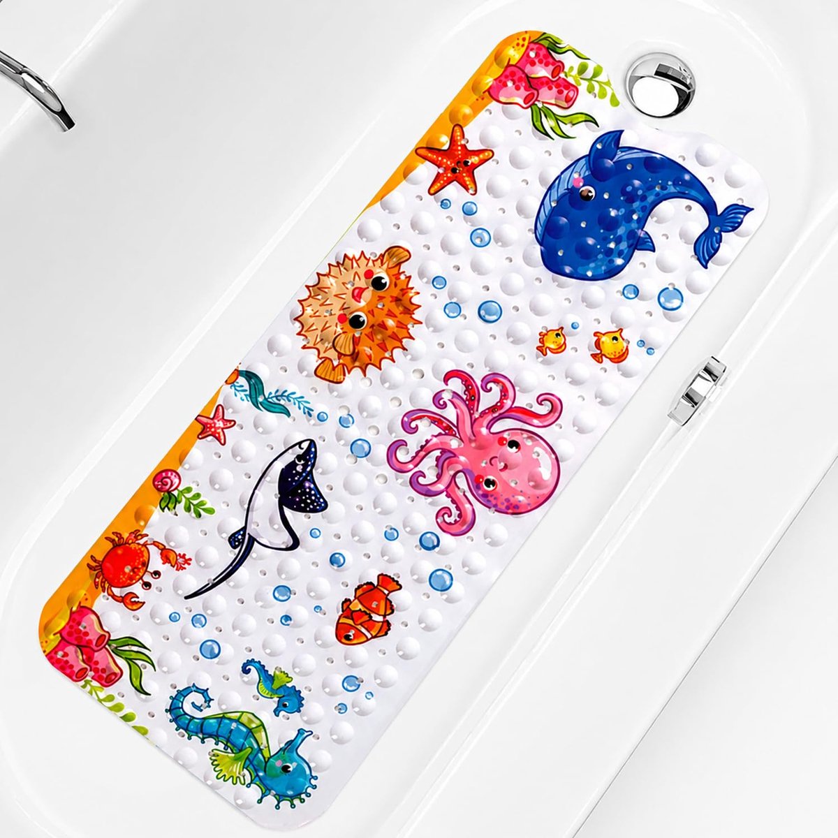 Badmat voor badkuip 40 x 100 cm, badmat met zuignappen en afvoergaten, extra lange PVC douchemat met oceaandesign, roze octopus