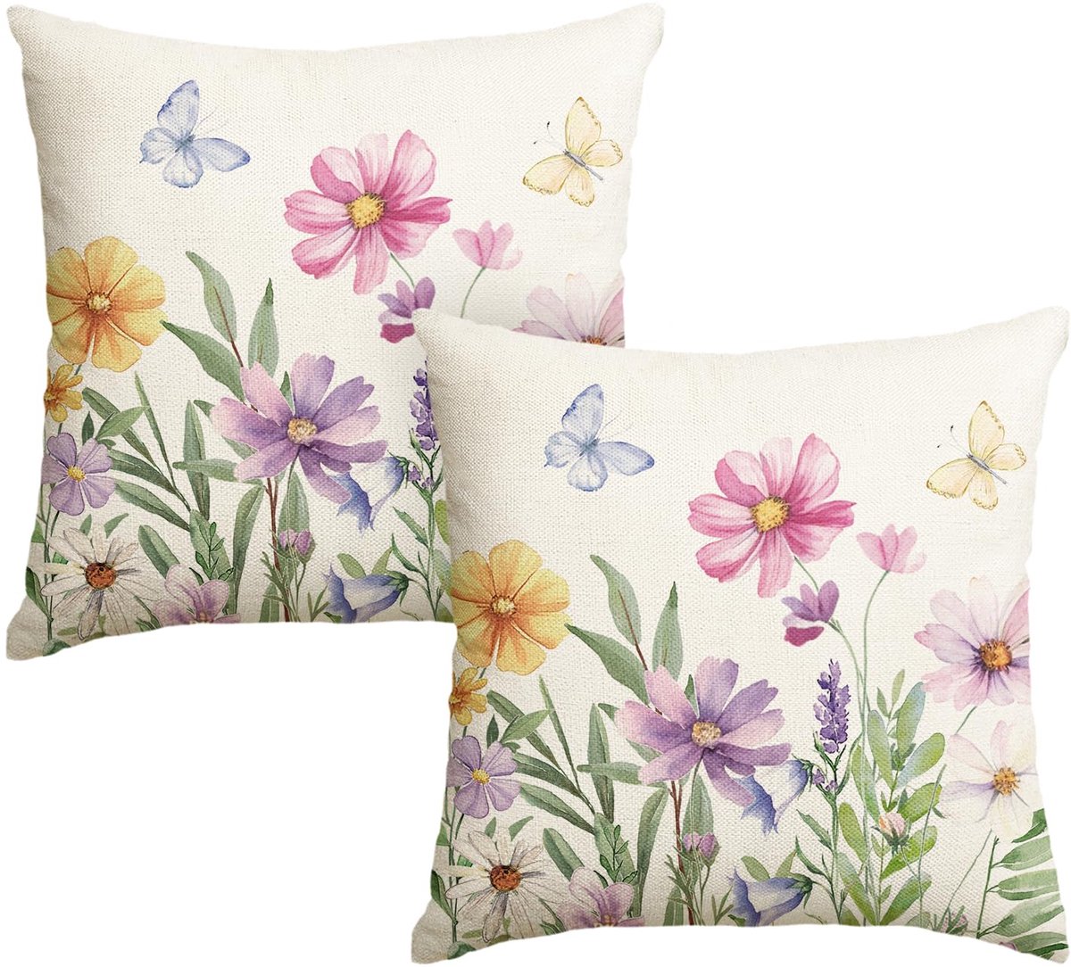 Mode Set van 2 kussenslopen met bloemen, bladeren, vlinder, lente, 45 x 45 cm, zomer, seizoensgebonden sierkussensloop, bank, woonkamer