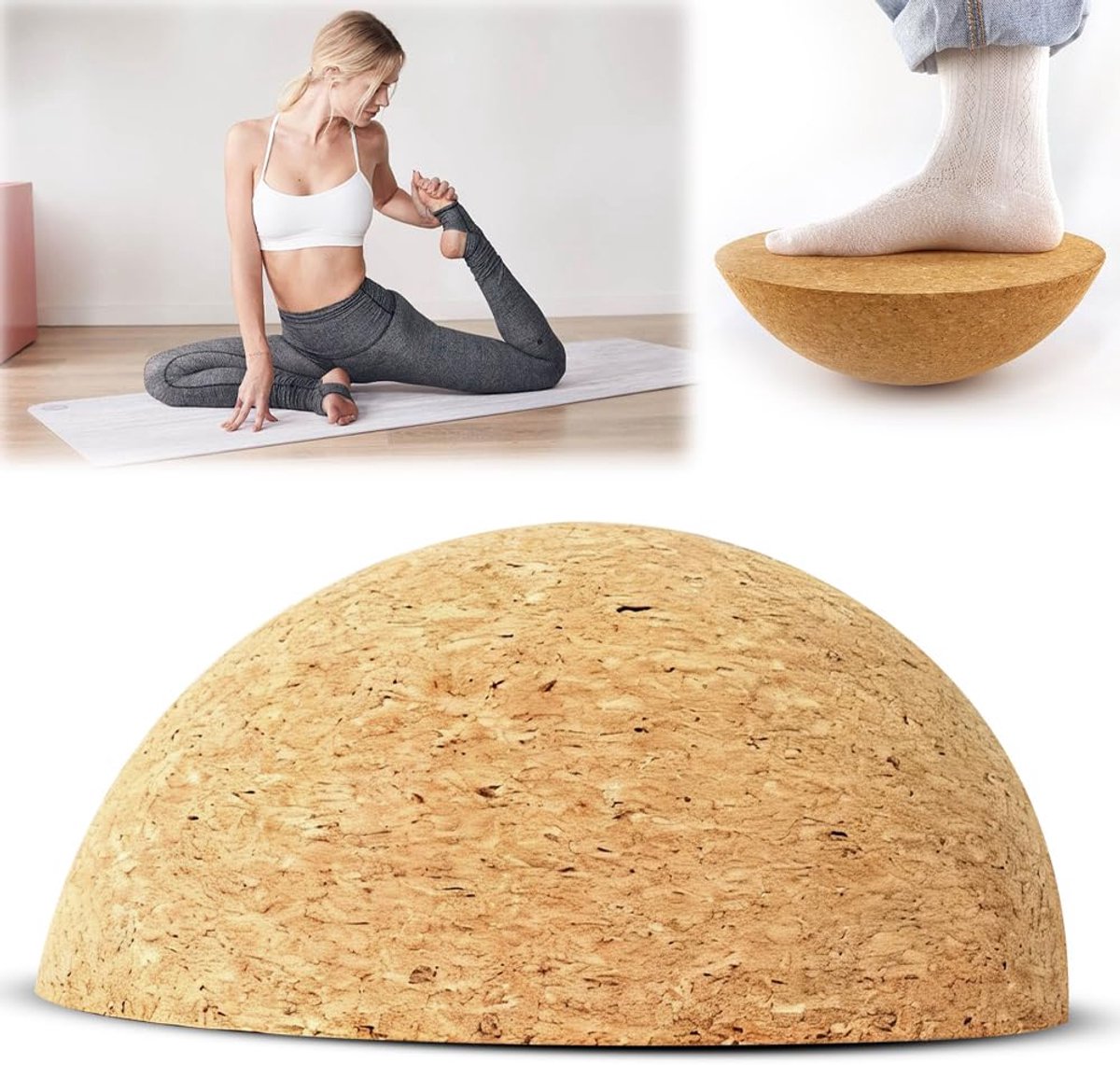 Balance Board kurk halfronde balanstrainer voor kinderen en volwassenen, balanstraining halve bol van massief kurk, halve bol van kurk voor yoga, revalidatie, fitness en boardsport