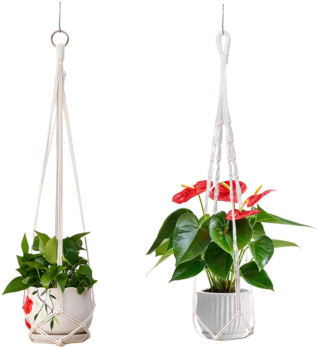 2 stuks hangende bloempotten voor planten, handgeweven bloementouw, mand van katoenen touw, hangende plantenbakken voor aan de muur, bloempotten, kleerhangers voor hangende manden in de