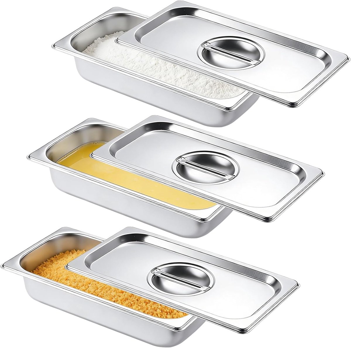 Paneerschalenset, 3-delig, 25,5 x 20 x 5 cm, roestvrijstalen schaal, paneerset voor gebakken, vis, vlees, groenten (3-delige paneerschalen met deksel)
