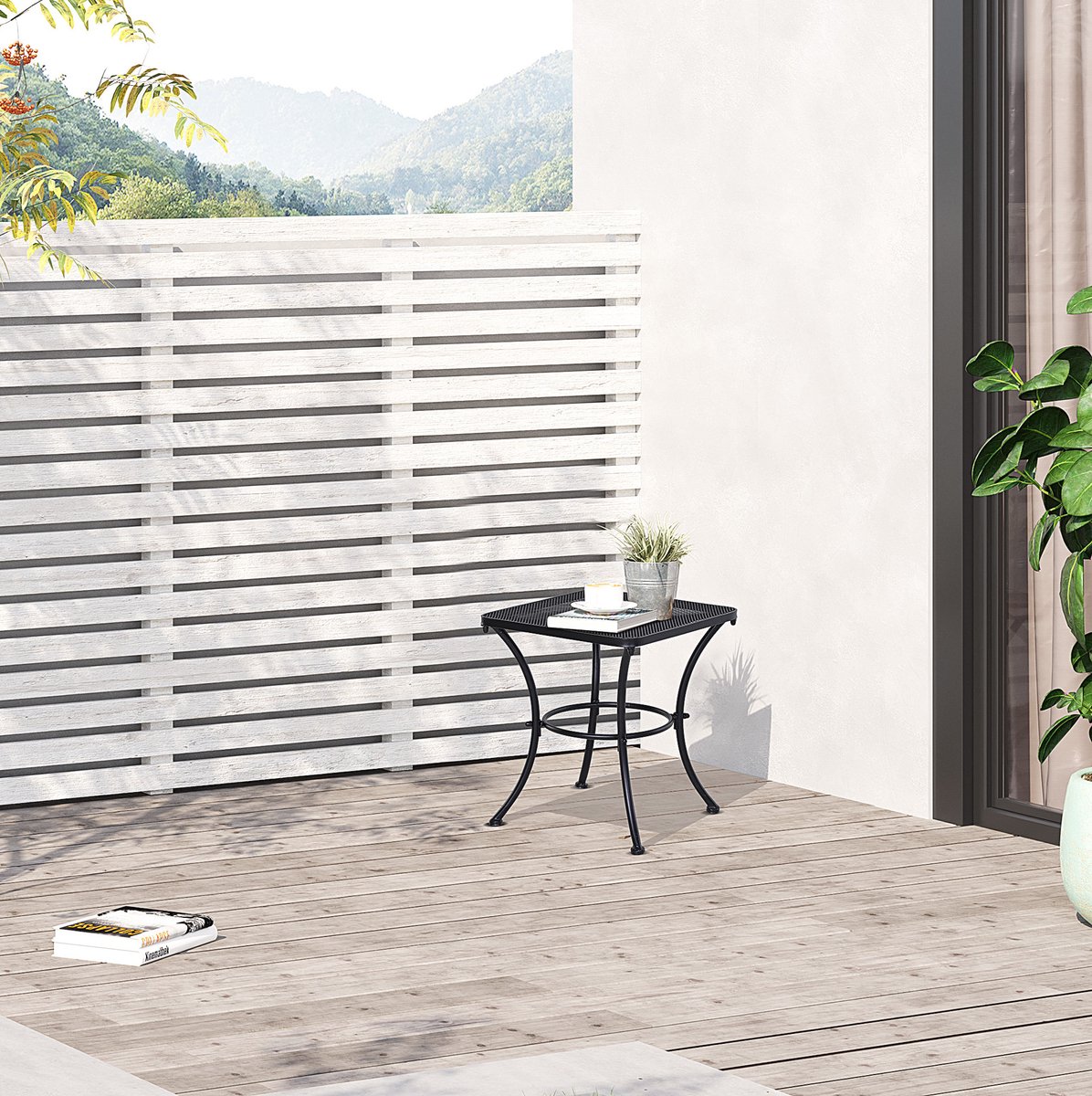 MEUNIQ zwarte metalen bijzettafel 45 x 45 x 50 cm met vierkant mesh tafelblad voor balkon, terras en tuin, outdoor tuintafel voor drankjes en boeken