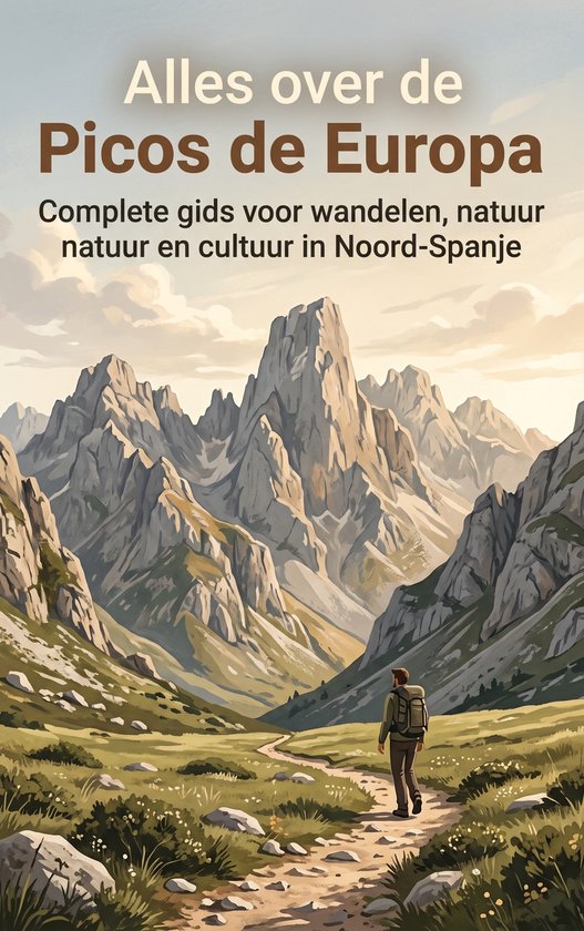 Couverture de livre intitulée 'Alles over de Picos de Europa'. Un homme marche sur un sentier dans les montagnes.