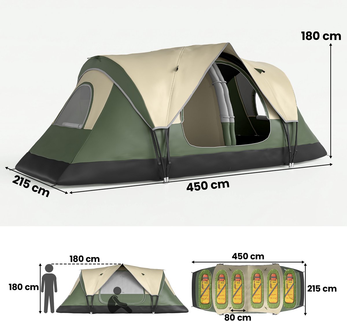 Outsunny Kampeertent Polyester, Glasvezel 450L x 215B x 180H cm Donkergroen – foto 3