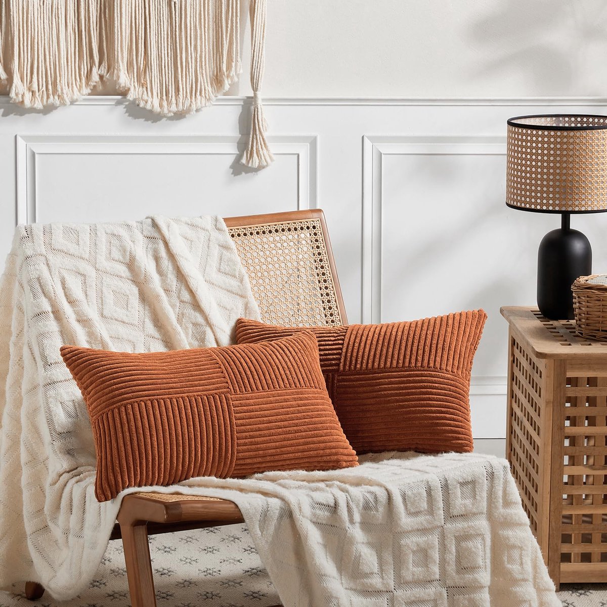 Set van 2 kussenhoezen, boho, corduroy, 40 x 60 cm, karamelkleur, zacht, decoratief, klassiek patroon met gekruiste strepen, onzichtbare ritssluiting, voor bank, bed, thuis