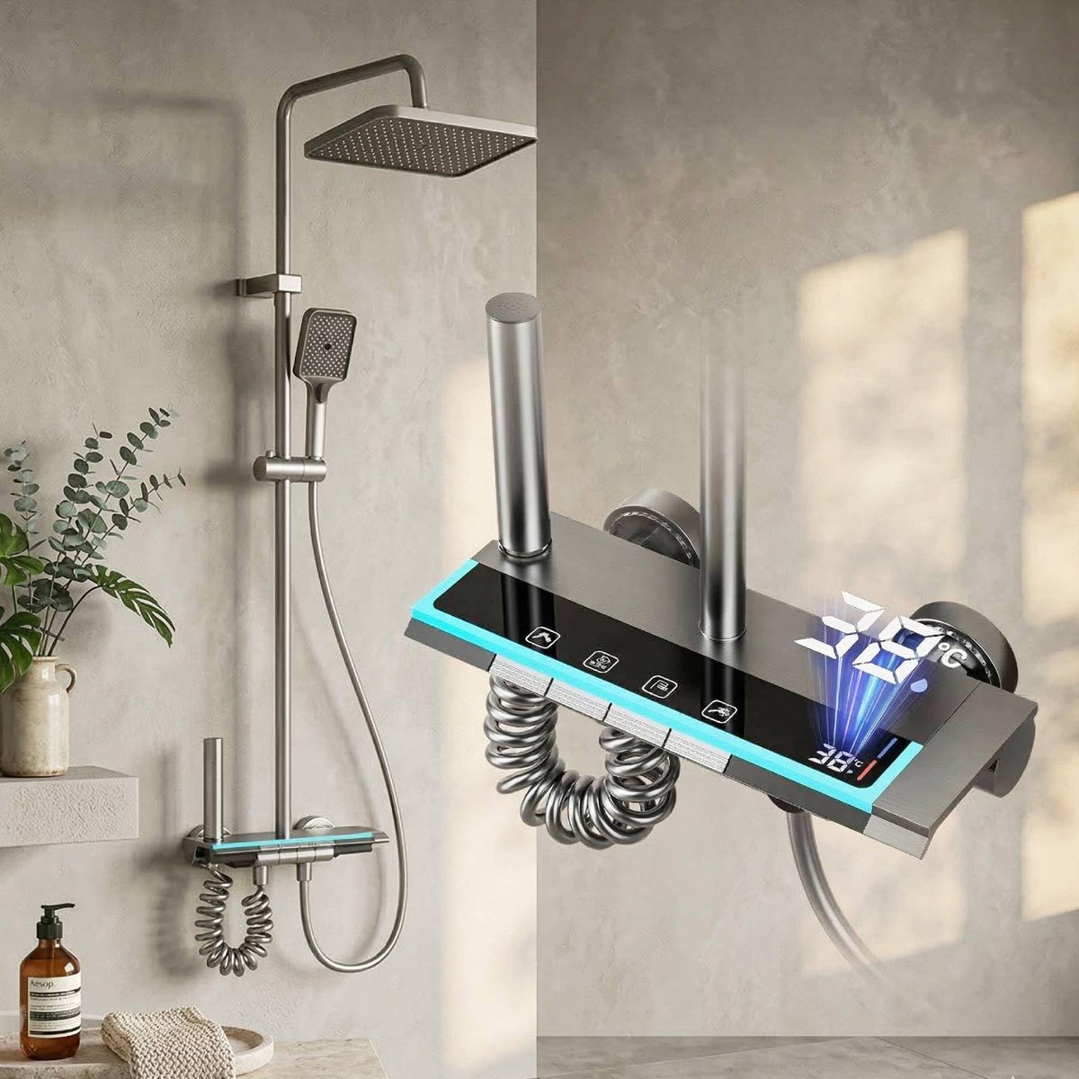 Douchesysteem met kraan, regendouche, douchearmatuur, complete set met vierkante douchekop, handdouche, 70-103 cm, in hoogte verstelbaar, space-aluminium materiaal, grijs titanium
