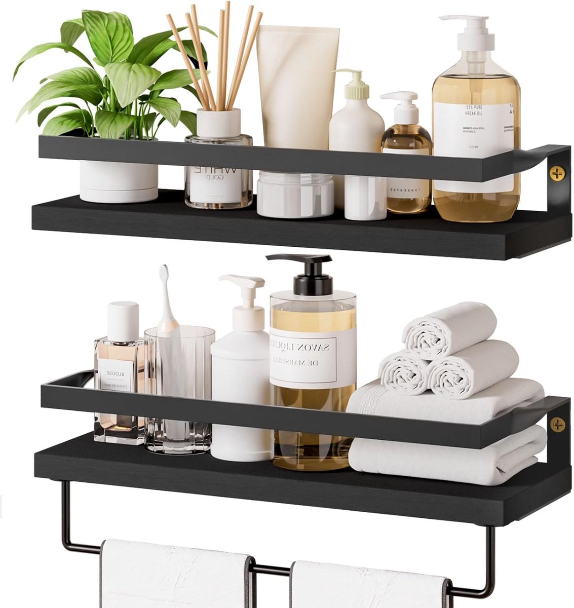Houten Wandrek, Set van 2 met Handdoekhouder, Landelijke boerderijstijl Decoratierek, Hangplank voor Keuken, Badkamer, Bijkeuken, Woonkamer, Zwart