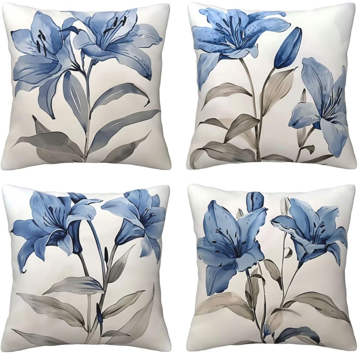 Kussenhoezen, 65 x 65 cm, blauwe bloemen, 4 stuks, vierkant, fluweel, zacht en ademend, decoratieve kussenhoes met verborgen ritssluiting, voor slaapkamer en woonkamer, bank, E8246