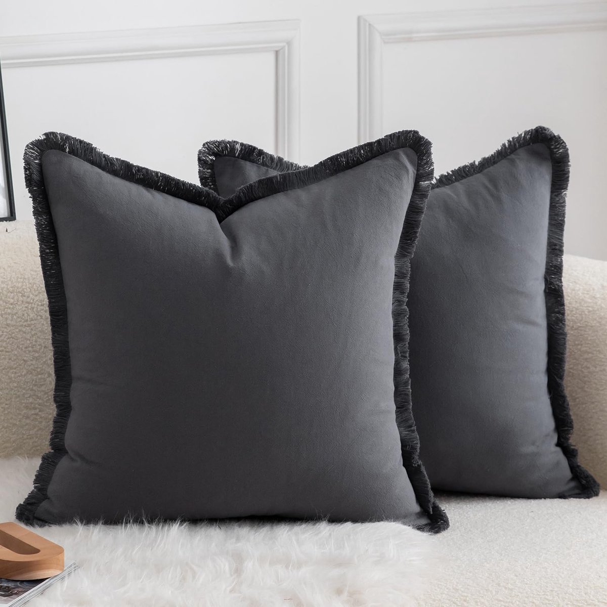 Set van 2 neutrale katoenen franje kussensloop 40x40 cm 16x16 inch, decoratief Boho Farmhouse kussenhoes, gezellig met kwastjes, voor bank, slaapbank, slaapkamer, woonkamer, huisdecoratie