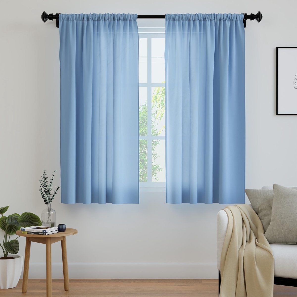 Gordijnen met binding, 140 x 137 cm, raampaneelset van 2, blauw, stangzak, lichtfiltering, gordijnen voor deur, slaapkamer, woonkamer