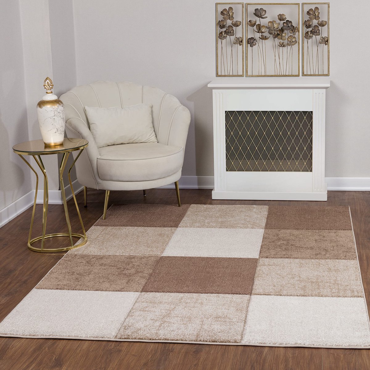 Vloerkleed, woonkamer, boho, groot tapijt voor slaapkamer, 120 x 170 cm, vloerkleed voor eetkamer, met geometrisch patroon, modern in bruin, beige, wit