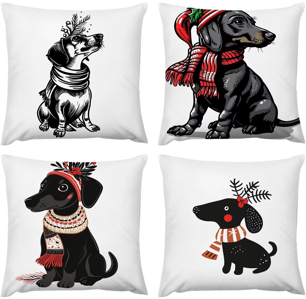 waterdicht, 50 x 50 cm, bankovertrek, decoratie voor huis, zwarte hond, Kerstmis, kussen, slaapkamer, set van 4 kussenslopen 20 x 20 cm, voor terras, tuin, zacht, wasbaar, D407