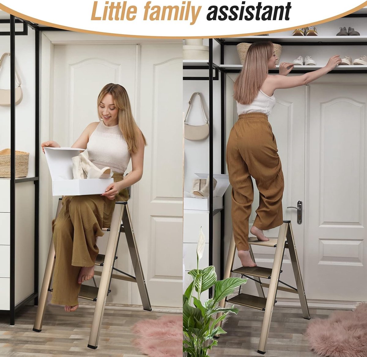 Opvouwbare trapladder - Drietrapsladder - Huishoudtrap met Brede Antislip Treden - Keukentrap - Huishoudtrap - Met antislip treden, compact op te vouwen, draagbaar - Aluminium - 82×65×45 cm - Voor thuisgebruik en keuken - Goudkleurig – foto 5