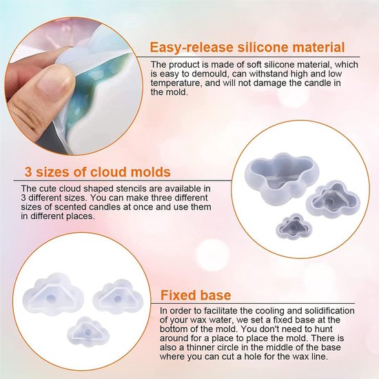 3 stuks kaarsvorm, wolk, siliconen vormen, wolken, kaars, schimmel, herbruikbaar, kaarsvorm, zachte kaarsvormen, 3D-kaarsvorm, siliconen vorm voor handwerk, sieraden, doe-het-zelf (3 maten) — afbeelding 2