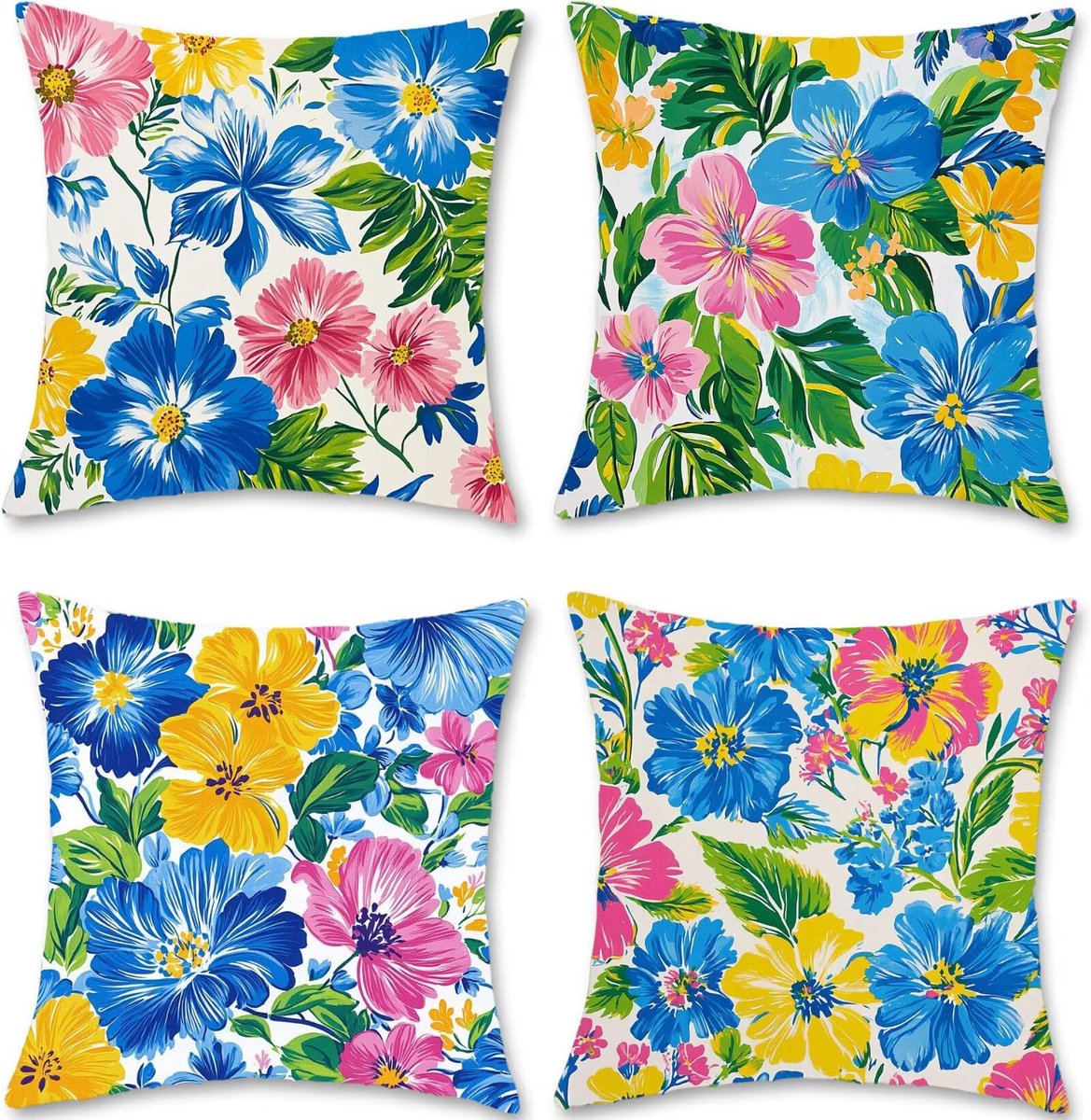 kussenhoezen, 50 x 50, set van 4 stuks, voor buiten, bank, linnen, bloemen, vierkant, decoratieve kussenslopen met onzichtbare rits, kussenhoes voor slaapbank, woonkamer, terras, tuin