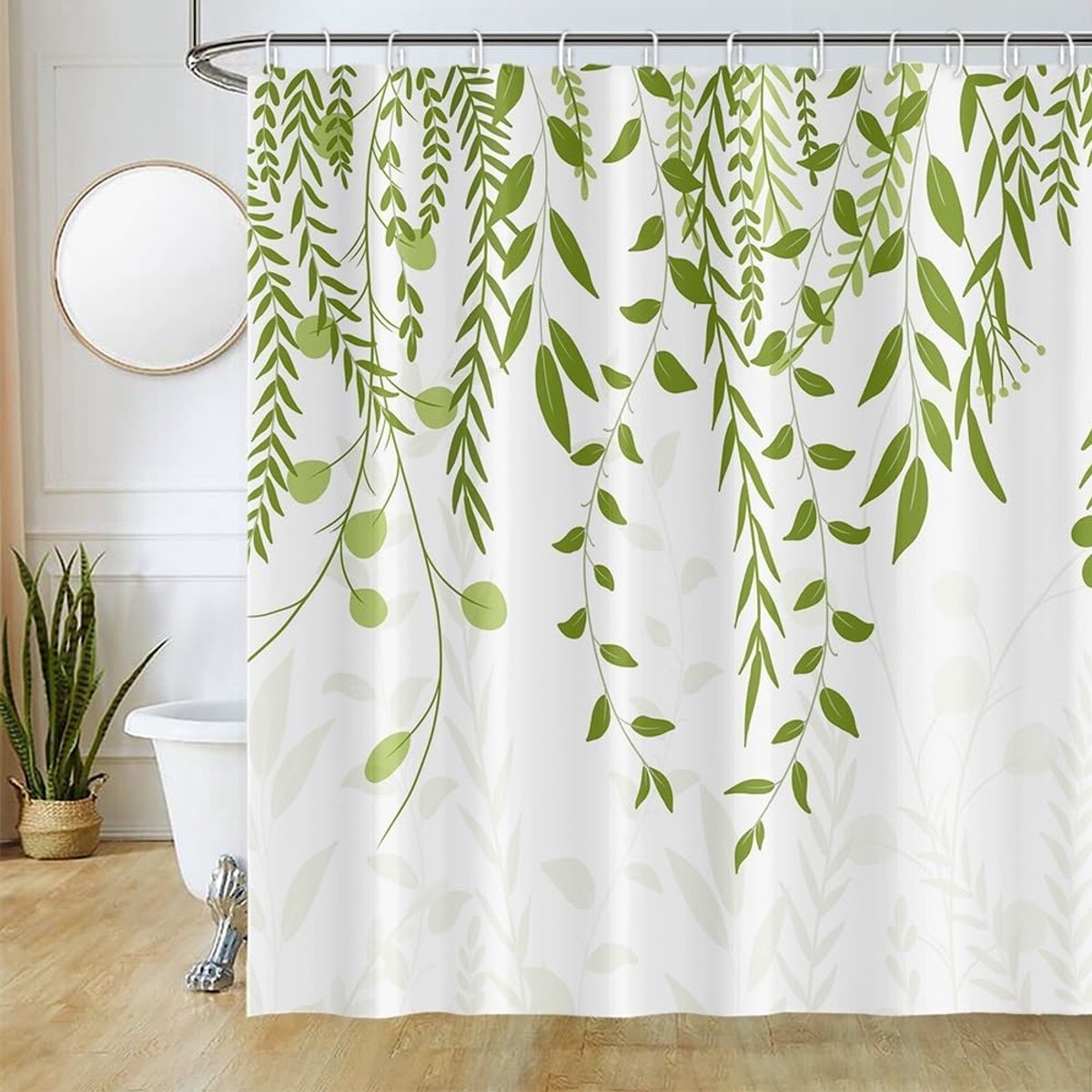 Douchegordijn, saliegroen, douchegordijn, groene eucalyptus-bladeren, anti-schimmel, waterdicht, polyester, wasbaar, badkamergordijn met 12 haken, voor badkamer, 180 x 240 cm