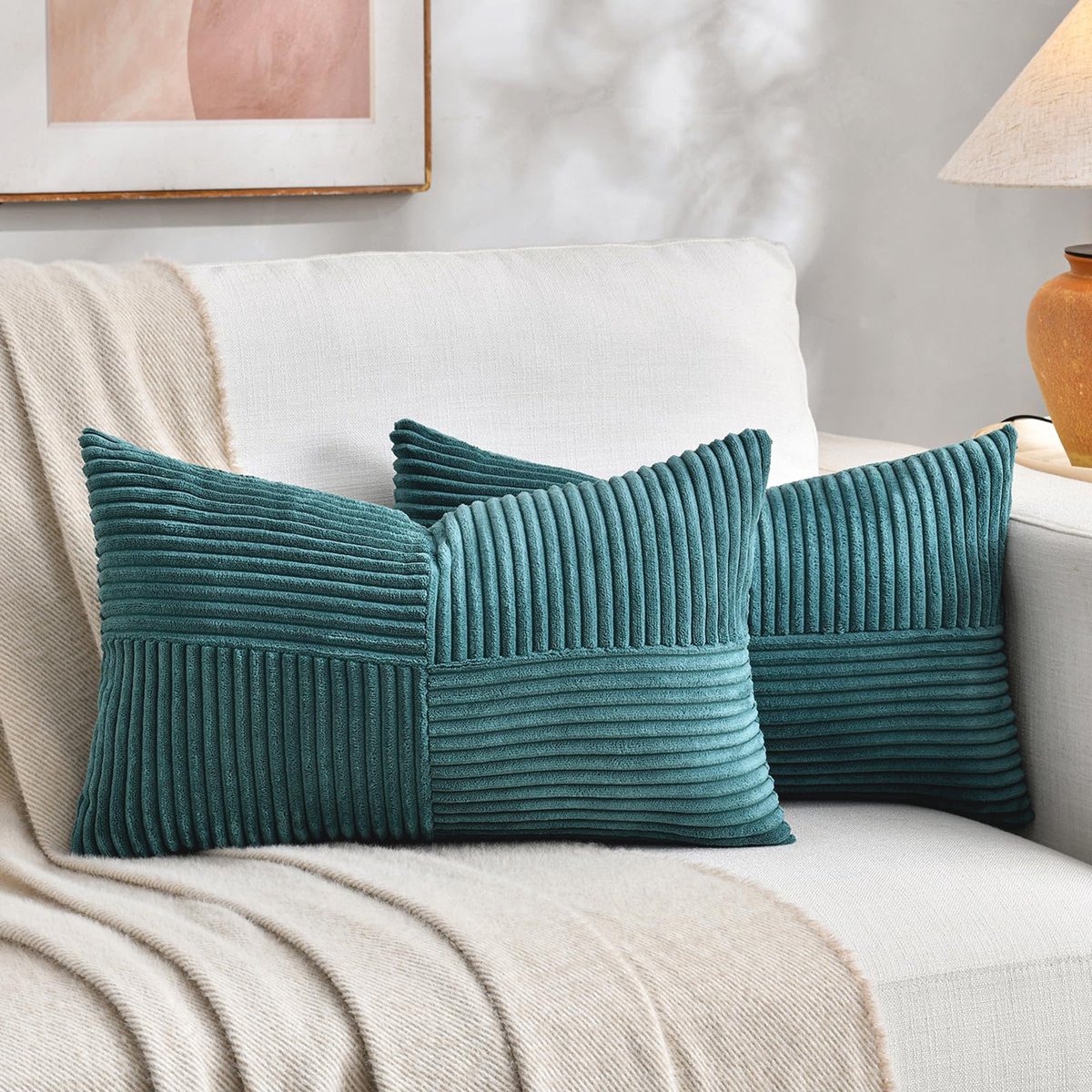 Set van 2 boho-kussenslopen voor bank, 30 x 40 cm, corduroy, modern, zacht, kruispatroon, decoratieve kussenslopen voor bank, slaapkamer, watergroen