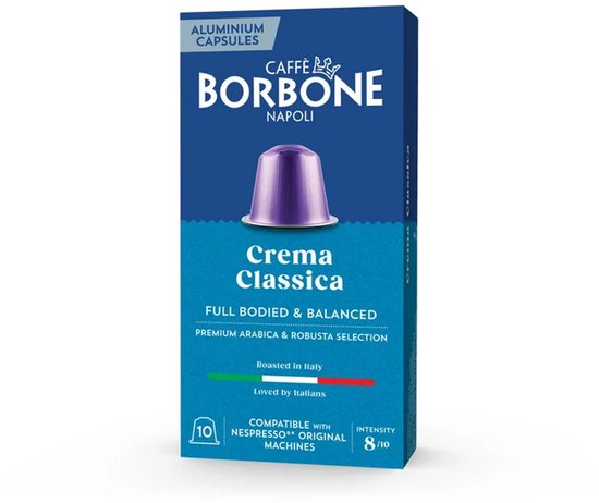 Blauwe doos met Caffe Borbone Napoli Crema Classica logo, paarse capsule, 10 capsules.