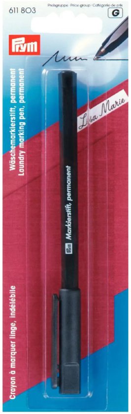Zwarte permanente was-markerpen met dop, verpakt op rood geblokte kaart.