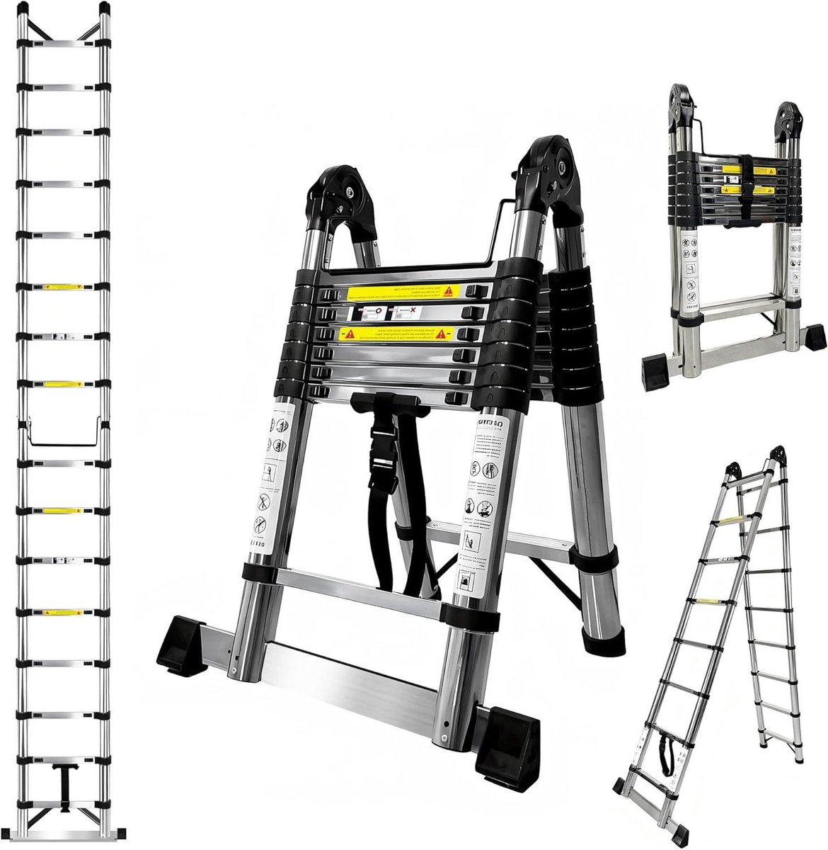 Telescoopladder Opvouwbaar - Uitschuifbare Ladder - Huishoudelijk Gebruik - Roestvrij Staal - 5 Meter - Wit