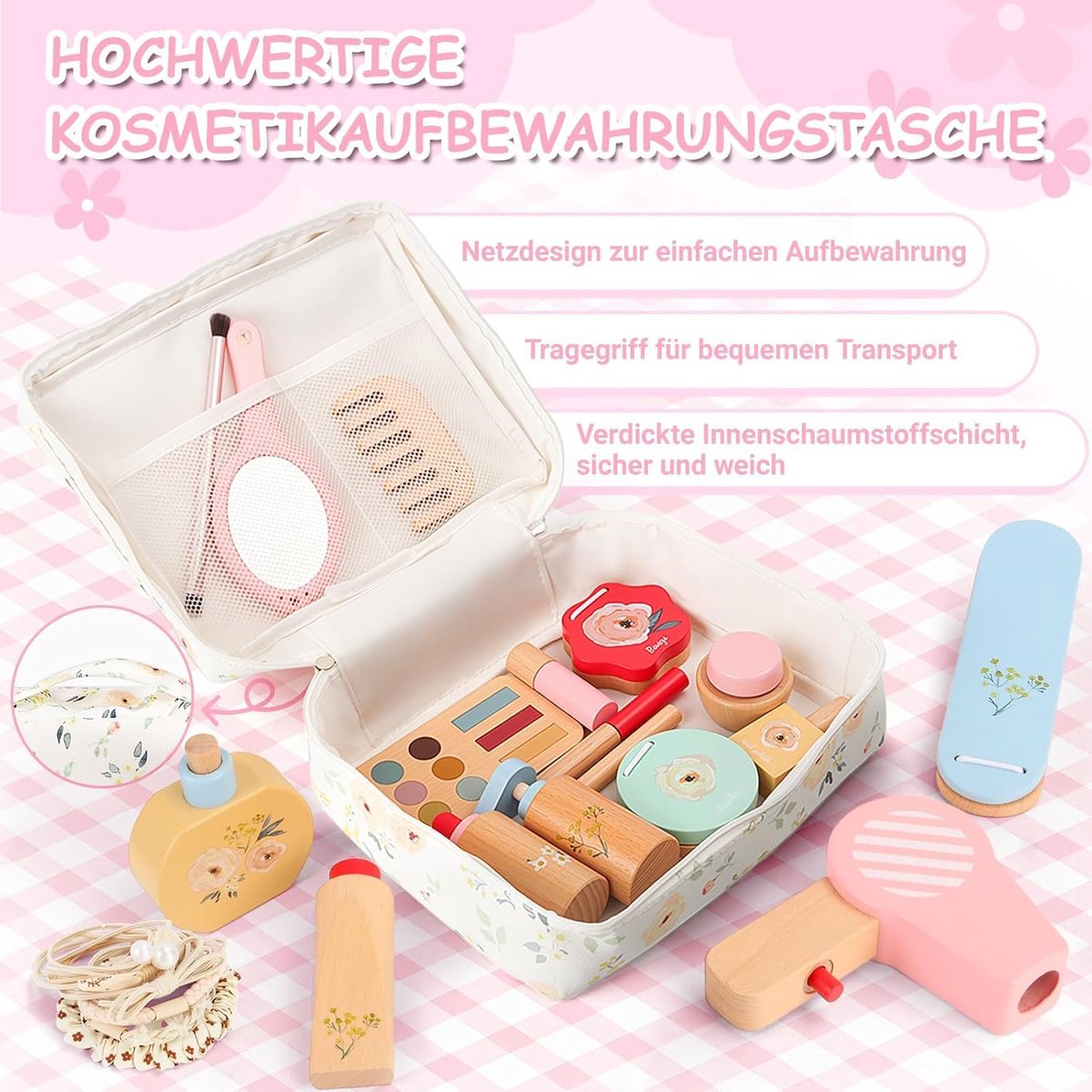 SnelShoppen - Houten Kinderschminkset 25-delig - Make-up Speelset voor Rollenspel - Kinderen Kapperspeelgoed - Beautyset voor Meisjes - Perfect Cadeau
