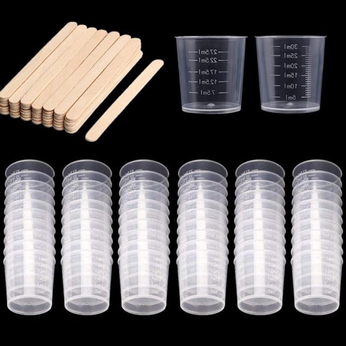 Plastic Mengbekers - 60 stuks - 30 ml - Inclusief Houten Roerstaafjes - Geschikt voor Hars, Verf en Epoxy