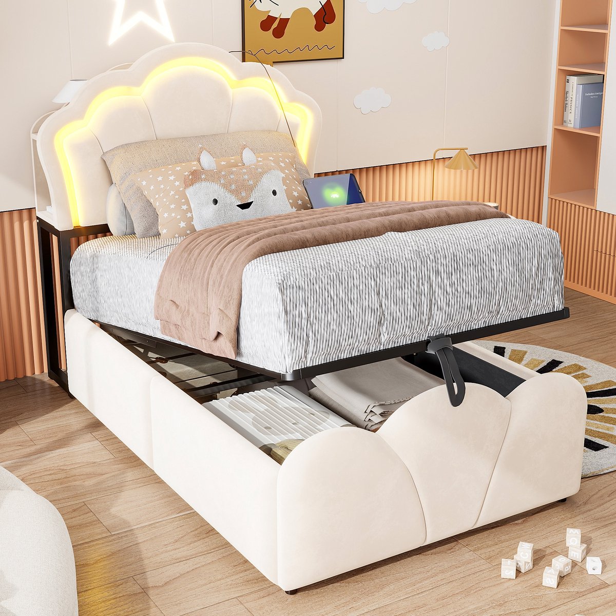 PHOEBE CAT Kinderbed - 90×200 cm - Gestoffeerd hoofdeinde - Opbergruimte - LED-verlichting - Fluweel - Met stopcontact - Beige