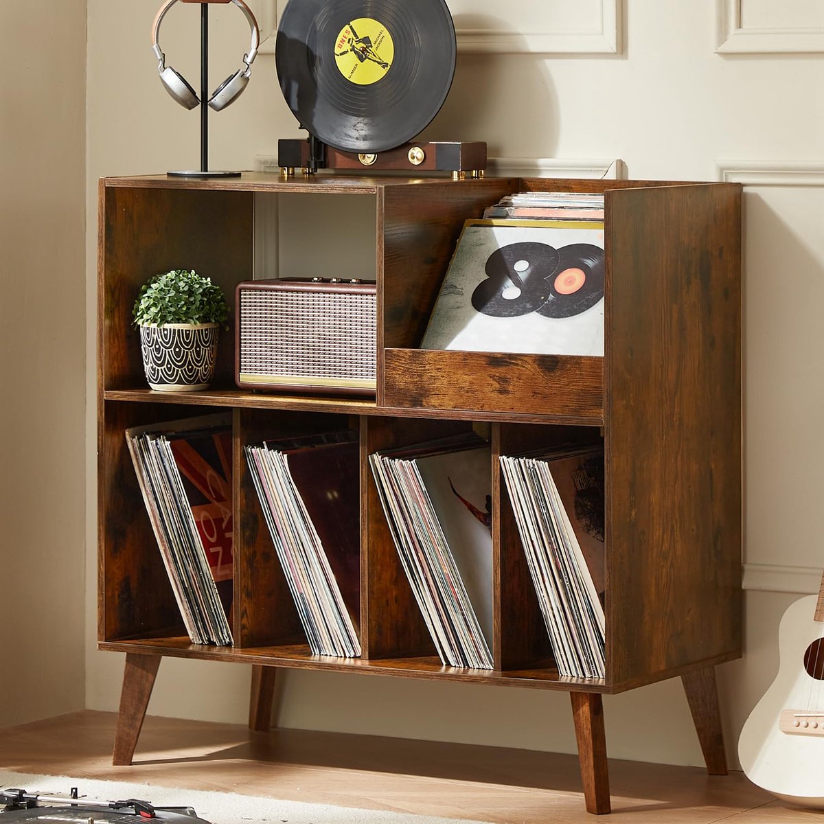 SnelShoppen - Grote Platenstandaard met Opslag, Platenspeler-Standaard met Plank, Vinylplaathouder voor Tot 300 Albums, Platenrek voor Muziekkamer en