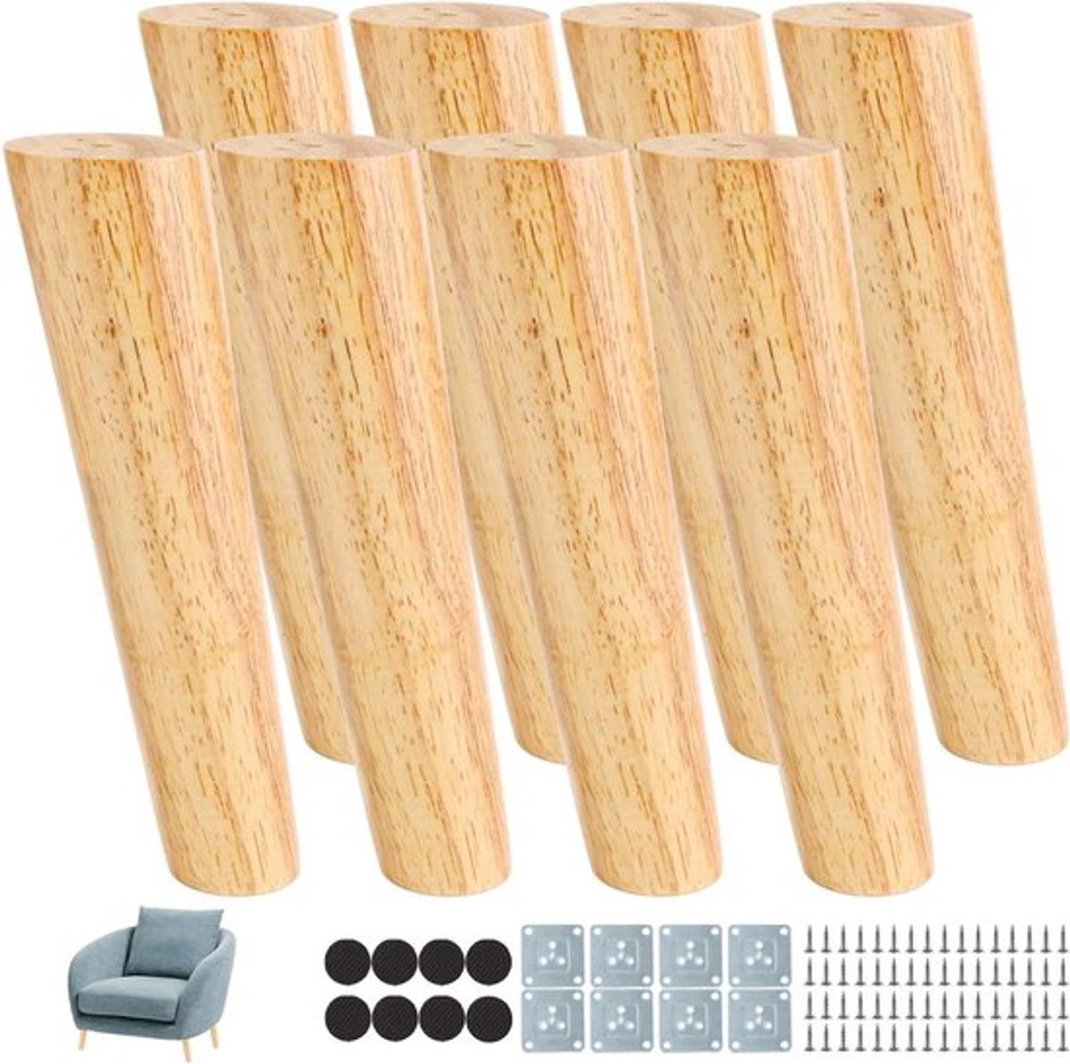 Set van 8 meubelpoten van hout, 20 cm hoekige tafelpoten met bevestigingsplaten en schroeven voor bankkasten - Houten ronde meubelpoten.