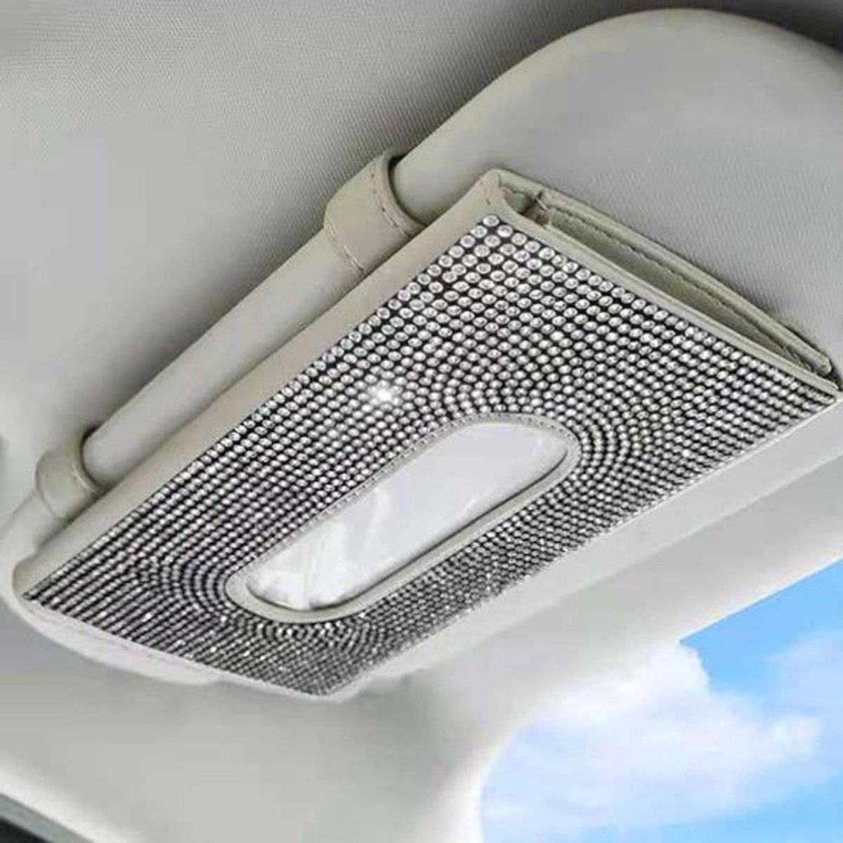 Lederen zakdoekhouder voor autozonneklep - Bling-bling design - Opbergdoos voor zakdoeken - Diamant details - Beige - 1 stuks