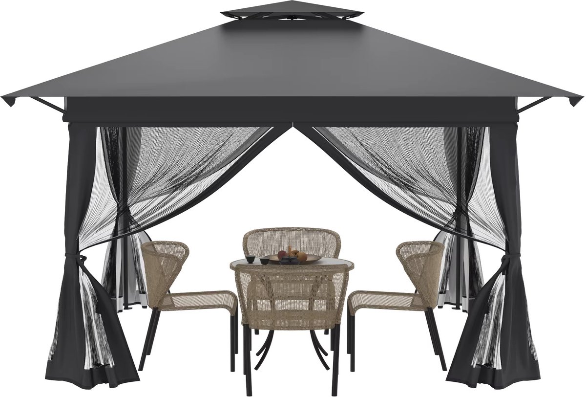 Easy up Paviljoen 3x3m - Pop-up Partytent – Opvouwbare Partytent met Dubbel Dak & Muggengaas – UV-Beschermend 210D Oxford – In 3 Hoogtes Verstelbaar – Inclusief Draagtas