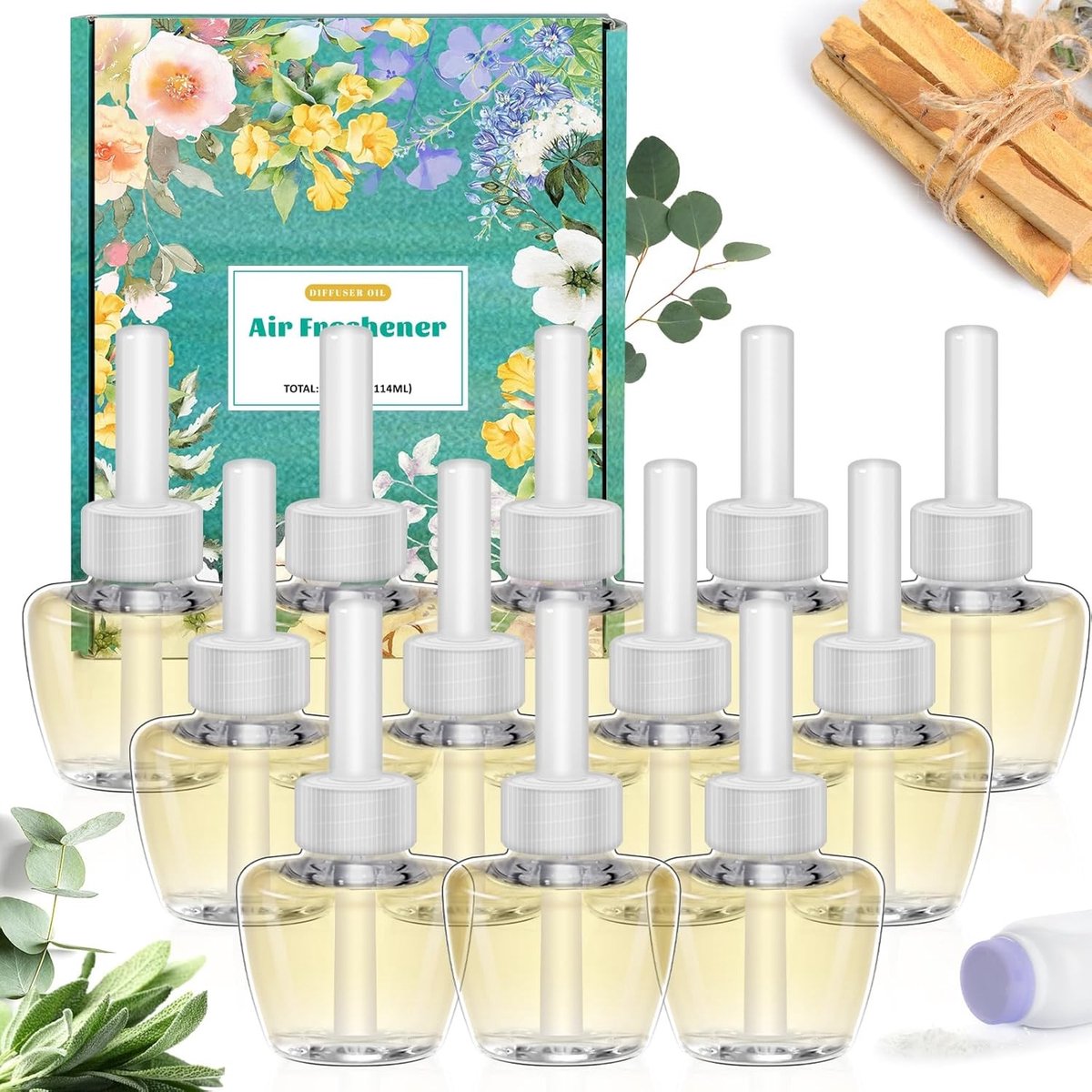 Vervangbare geurolie flessen voor luchtverfrissers, 12 x 18 ml, Palo Santo, Eucalyptus Sage en Baby Powder, ideale kamergeuren en luchtverfrissers