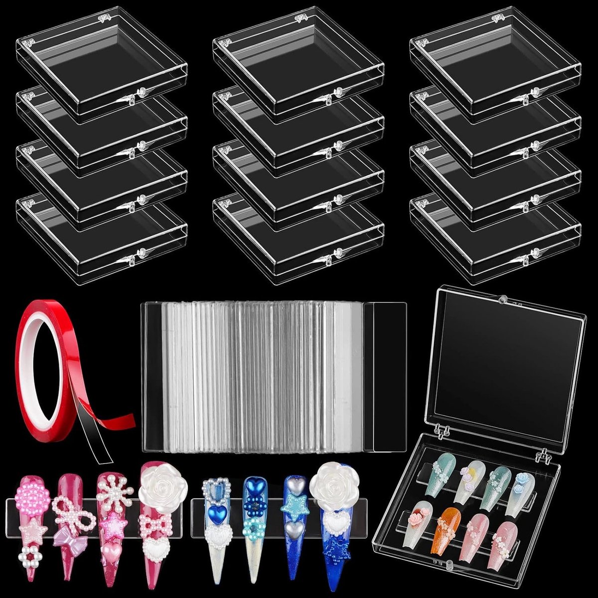 63-delige Nageltips Display Box Set - Transparante Opslagdoos voor Persnagels met Dubbelzijdige Plakband en Displaystand voor Professioneel Gebruik